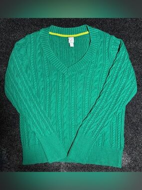 JCP Women’s XL Emerald Green Cable Knit V Neck Sweater Cotton Blend